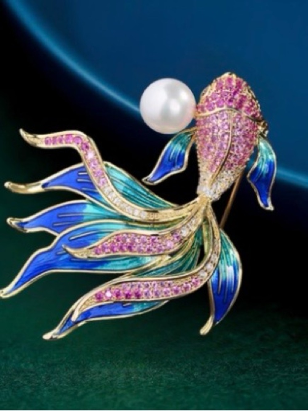 Pink Cubic Zirconia stone koi fish set in plated gold tone 2” brooch.